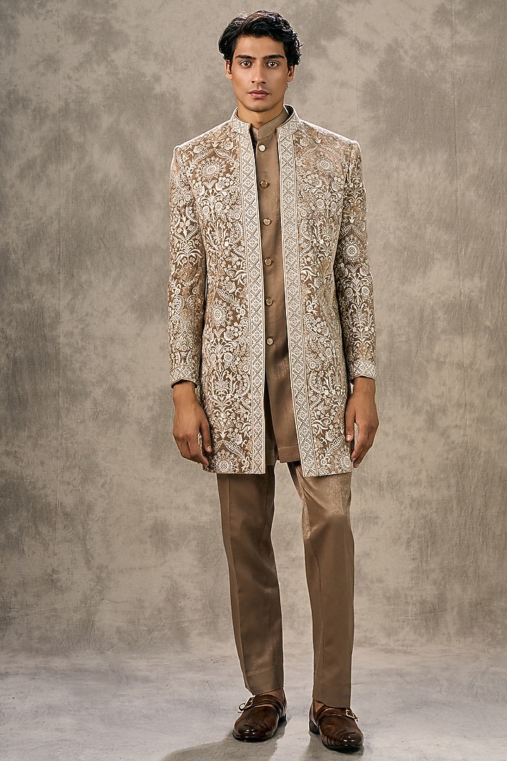 Fawn-Colored Velvet Thread Embroidered Wedding Indowestern Set by Twamev at Pernia's Pop Up Shop