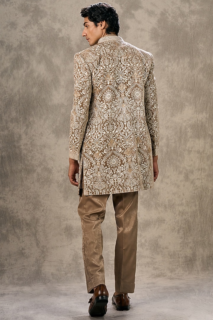 Fawn-Colored Velvet Thread Embroidered Wedding Indowestern Set by Twamev at Pernia's Pop Up Shop