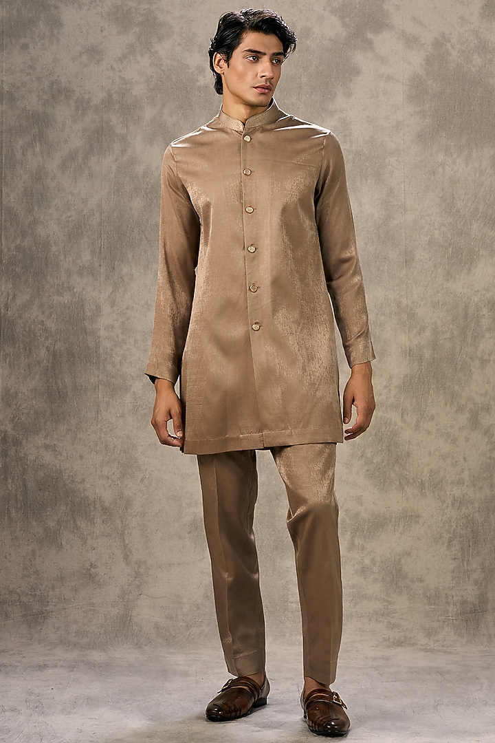 Fawn-Colored Velvet Thread Embroidered Wedding Indowestern Set by Twamev at Pernia's Pop Up Shop