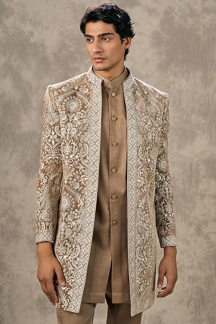 Fawn-Colored Velvet Thread Embroidered Wedding Indowestern Set by Twamev at Pernia's Pop Up Shop