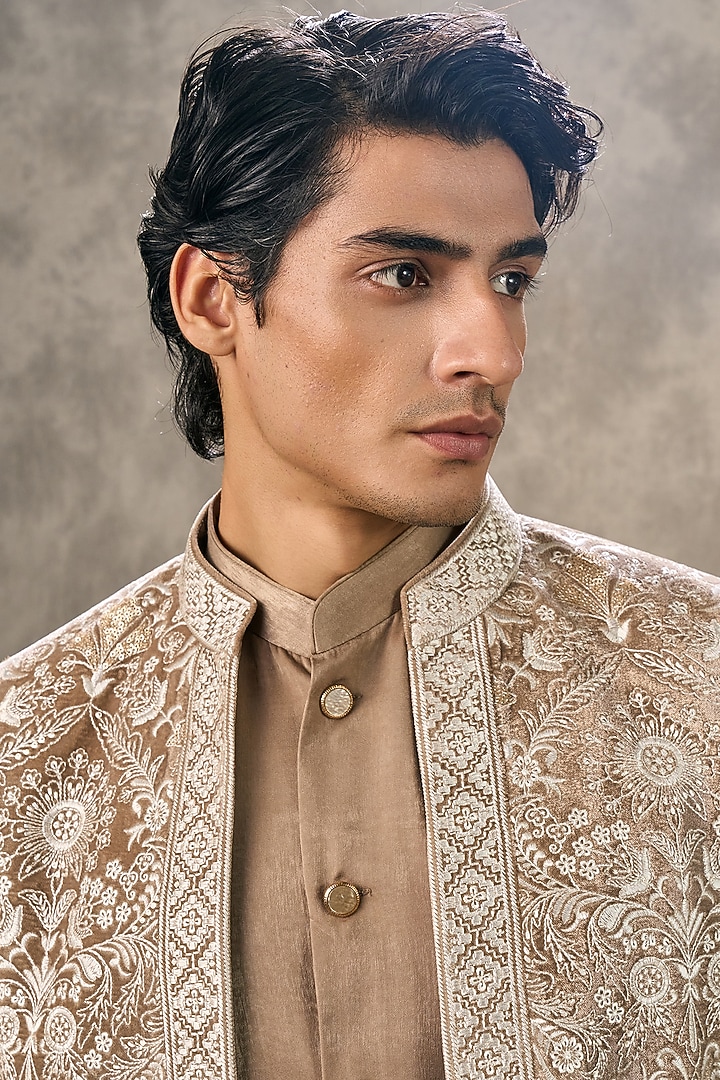 Fawn-Colored Velvet Thread Embroidered Wedding Indowestern Set by Twamev at Pernia's Pop Up Shop