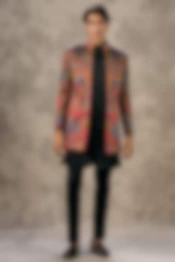 Black Art Silk Thread Embroidered Wedding Indowestern Set by Twamev at Pernia's Pop Up Shop