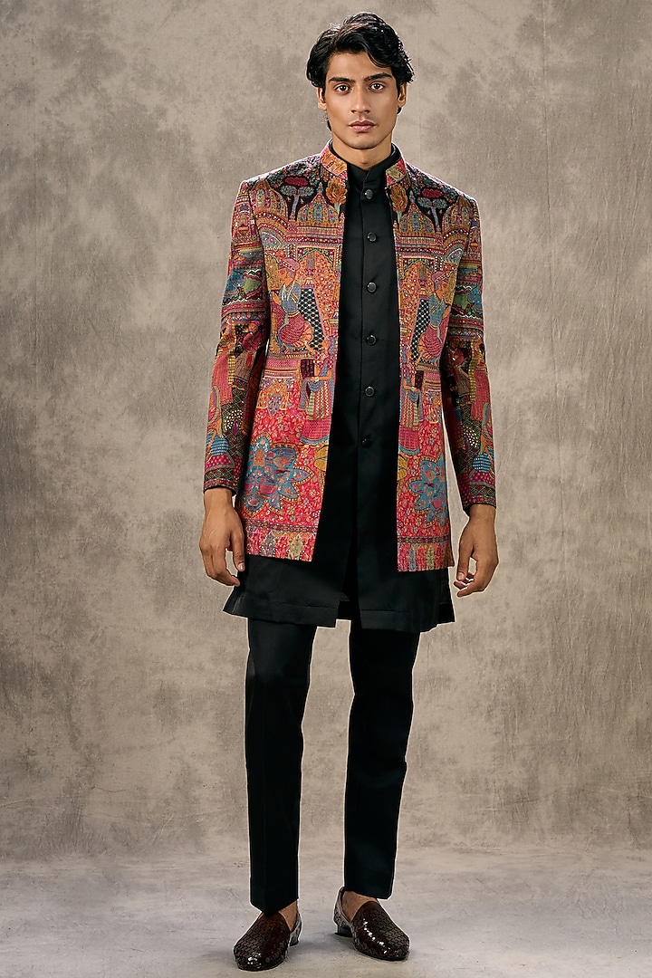 Black Art Silk Thread Embroidered Wedding Indowestern Set by Twamev at Pernia's Pop Up Shop