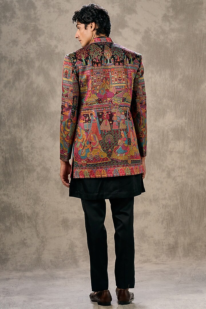Black Art Silk Thread Embroidered Wedding Indowestern Set by Twamev at Pernia's Pop Up Shop