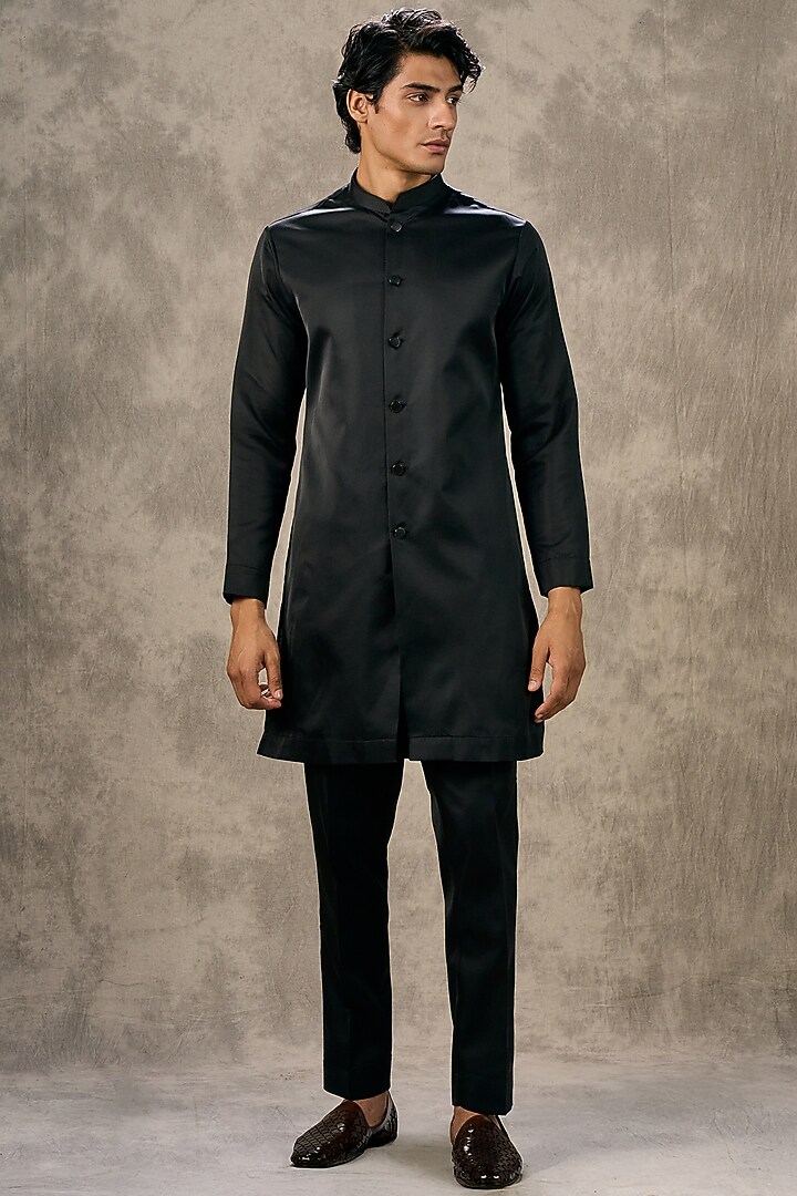 Black Art Silk Thread Embroidered Wedding Indowestern Set by Twamev at Pernia's Pop Up Shop