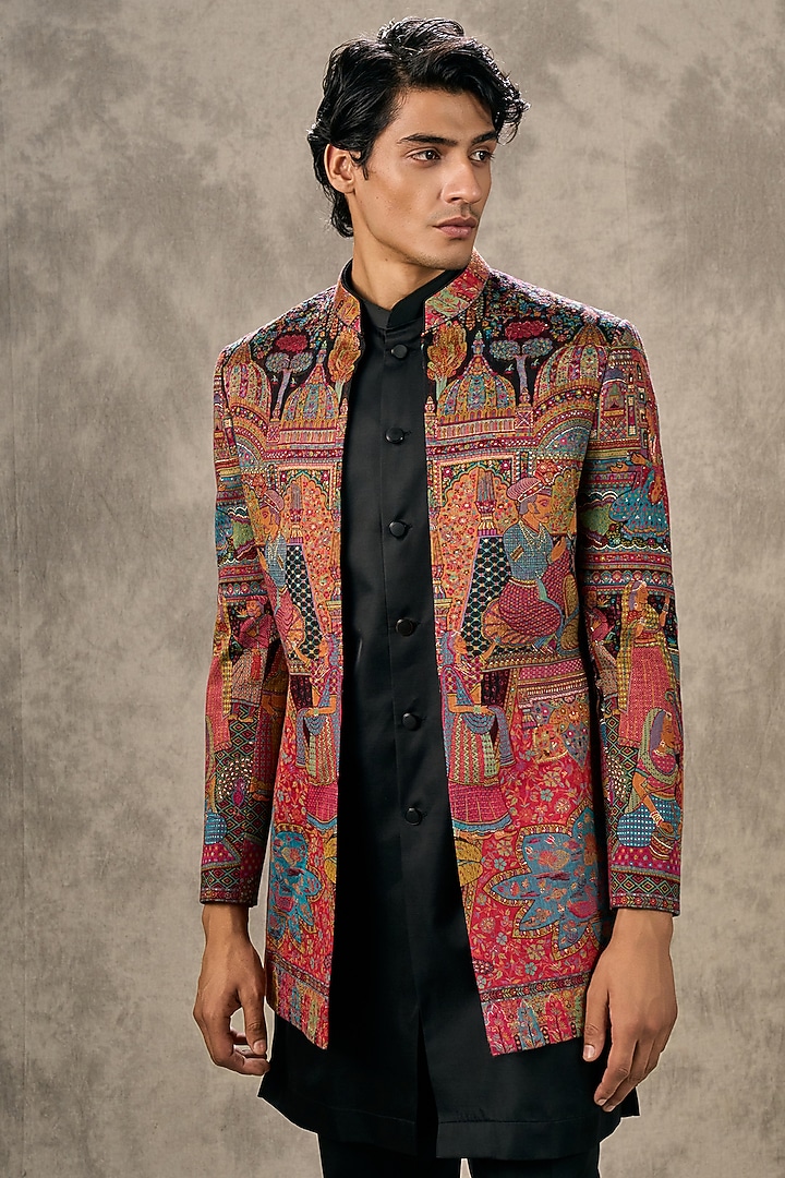 Black Art Silk Thread Embroidered Wedding Indowestern Set by Twamev at Pernia's Pop Up Shop