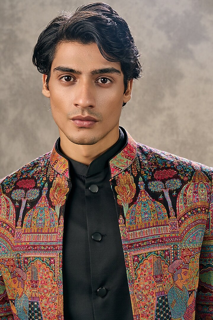 Black Art Silk Thread Embroidered Wedding Indowestern Set by Twamev at Pernia's Pop Up Shop