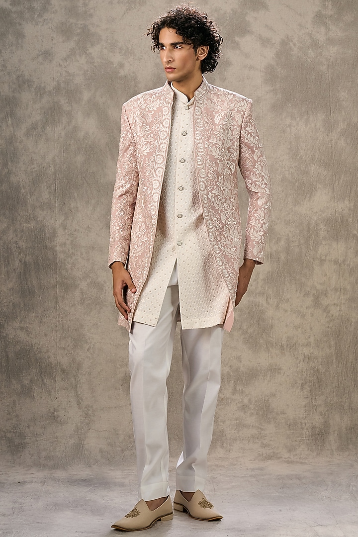 Dusty Pink Georgette Thread Embroidered Wedding Indowestern Set by Twamev at Pernia's Pop Up Shop