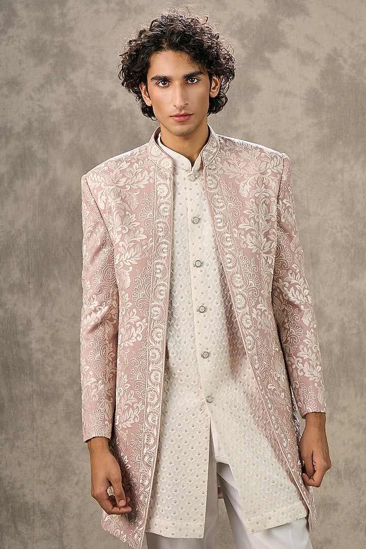 Dusty Pink Georgette Thread Embroidered Wedding Indowestern Set by Twamev at Pernia's Pop Up Shop