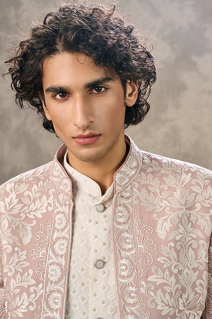 Dusty Pink Georgette Thread Embroidered Wedding Indowestern Set by Twamev at Pernia's Pop Up Shop