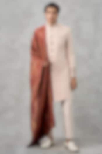 Peach Blended Rayon Wedding Sherwani Set by Twamev at Pernia's Pop Up Shop
