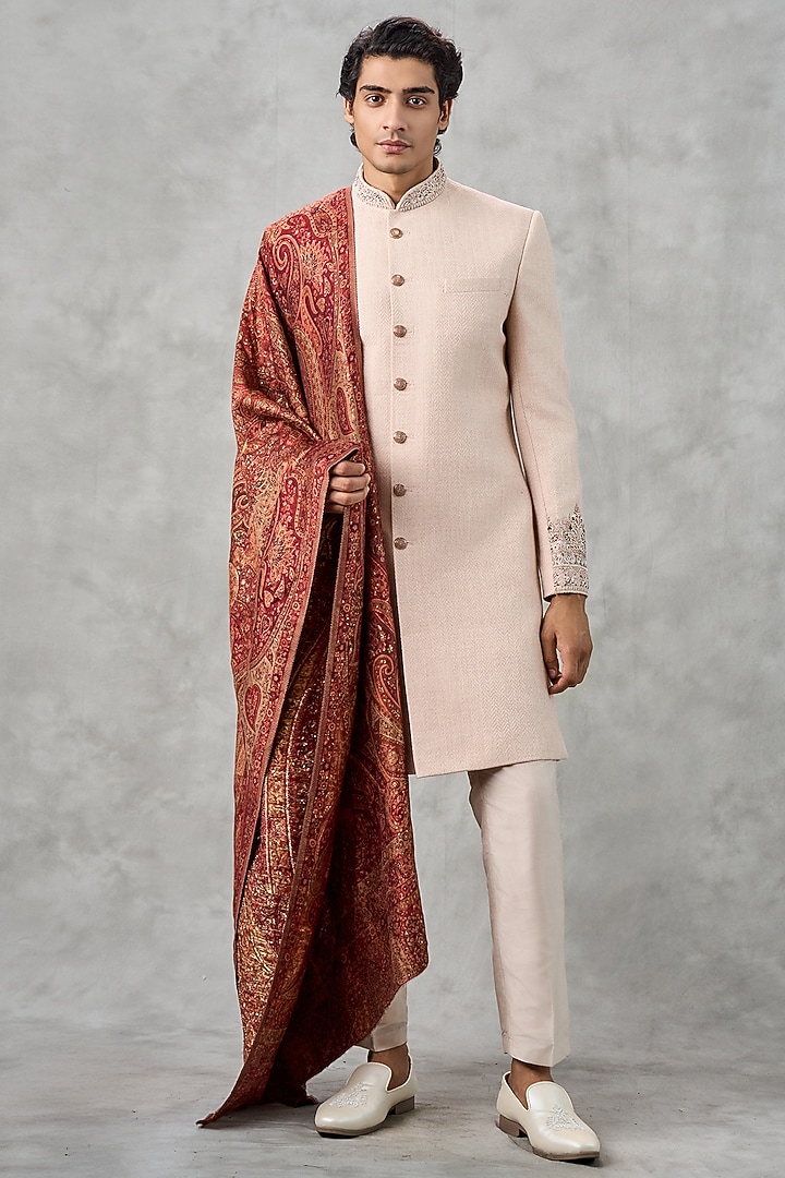 Peach Blended Rayon Wedding Sherwani Set by Twamev at Pernia's Pop Up Shop