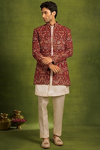 Red Georgette Sequins Embroidered Indowestern Set by Twamev