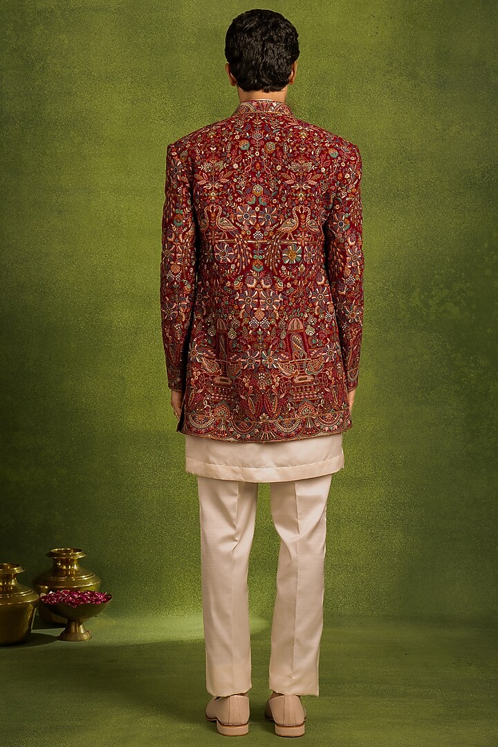 Red Georgette Sequins Embroidered Wedding Indowestern Set by Twamev at Pernia's Pop Up Shop