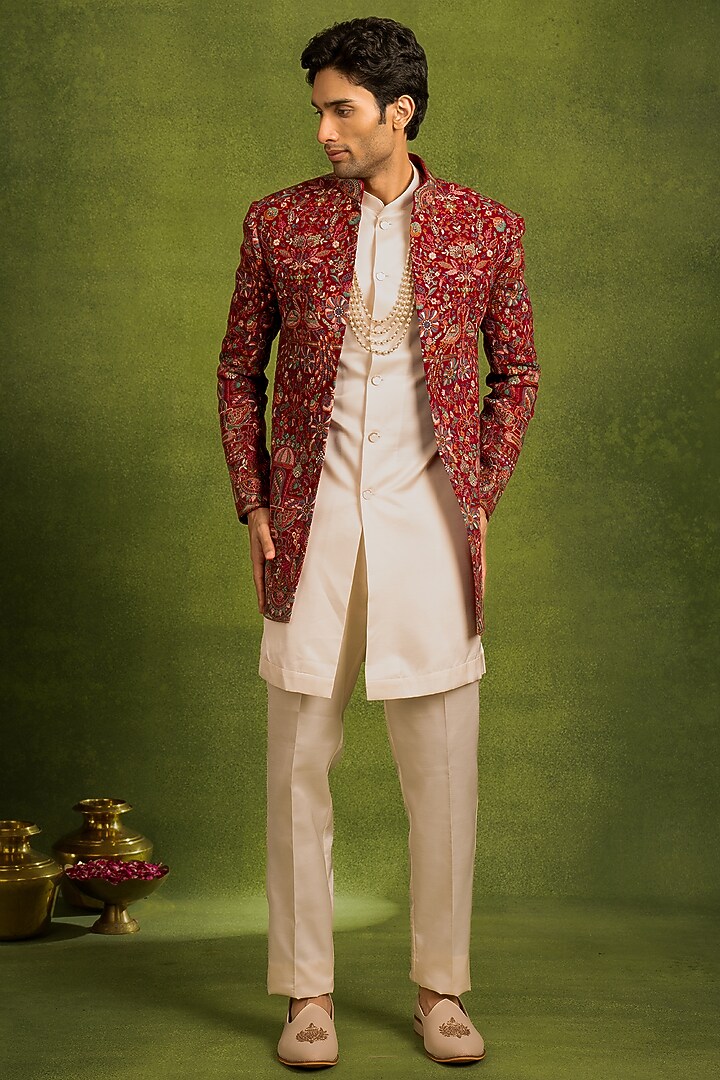 Red Georgette Sequins Embroidered Wedding Indowestern Set by Twamev at Pernia's Pop Up Shop