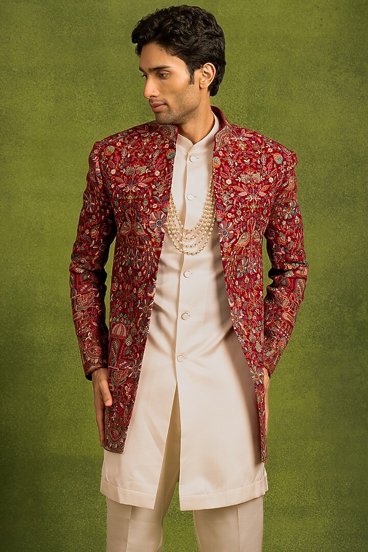Red Georgette Sequins Embroidered Wedding Indowestern Set by Twamev at Pernia's Pop Up Shop