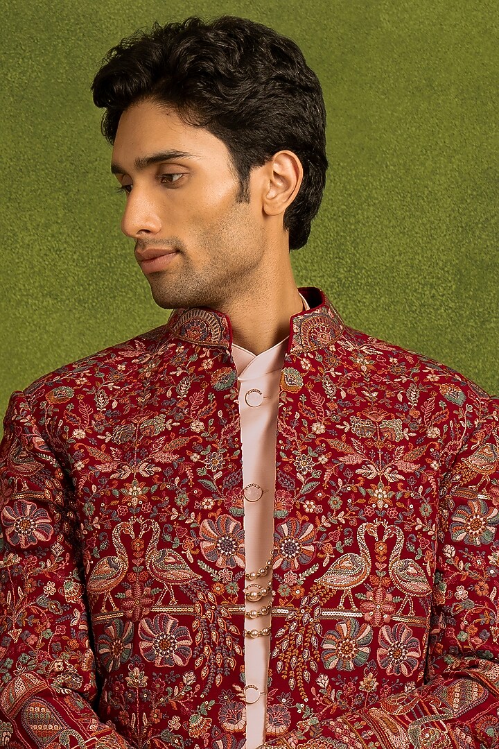 Red Georgette Sequins Embroidered Wedding Indowestern Set by Twamev at Pernia's Pop Up Shop