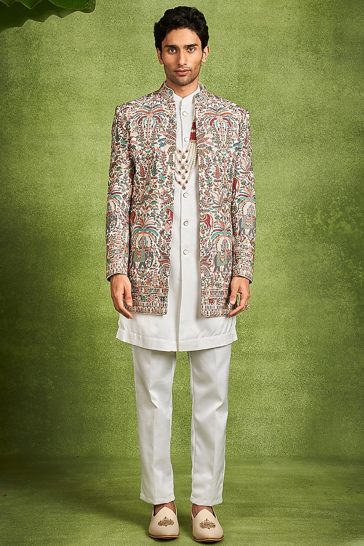 Cream Georgette Sequins Embroidered Wedding Indowestern Set by Twamev at Pernia's Pop Up Shop