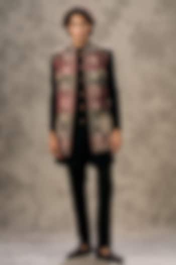 Black Blended Rayon Printed Wedding Indowestern Set by Twamev at Pernia's Pop Up Shop