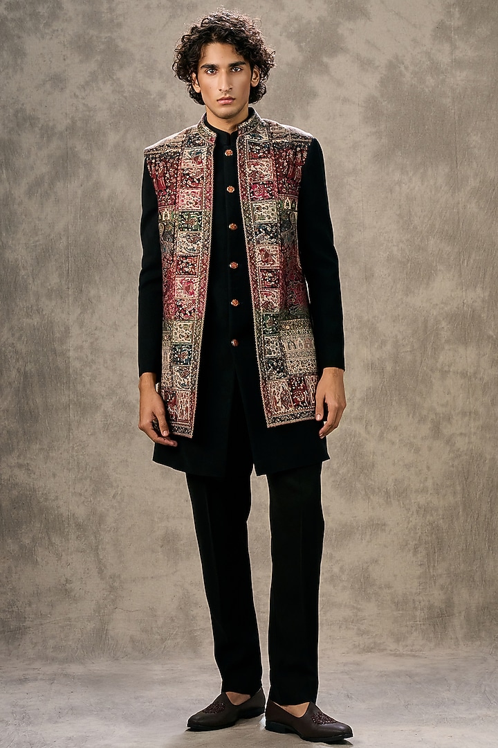 Black Blended Rayon Printed Wedding Indowestern Set by Twamev at Pernia's Pop Up Shop