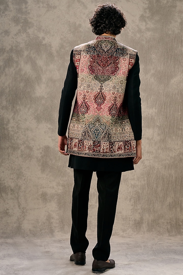 Black Blended Rayon Printed Wedding Indowestern Set by Twamev at Pernia's Pop Up Shop