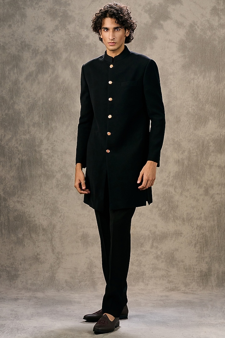 Black Blended Rayon Printed Wedding Indowestern Set by Twamev at Pernia's Pop Up Shop