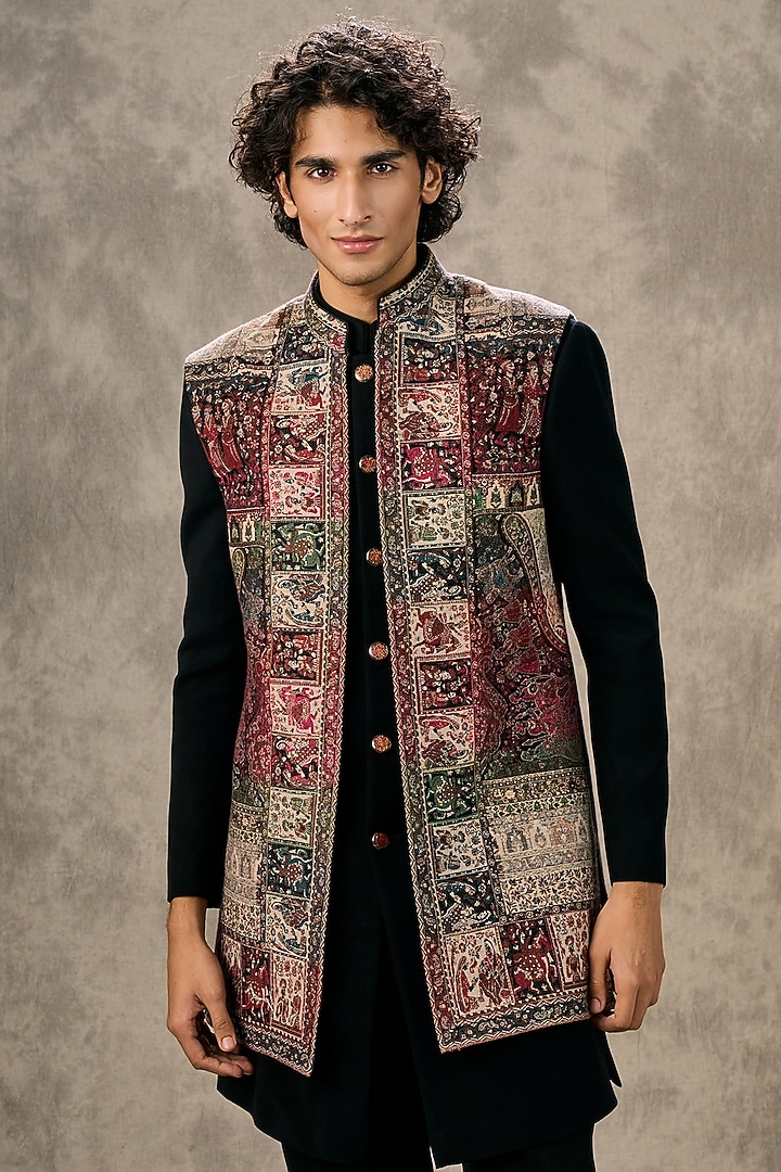 Black Blended Rayon Printed Wedding Indowestern Set by Twamev at Pernia's Pop Up Shop