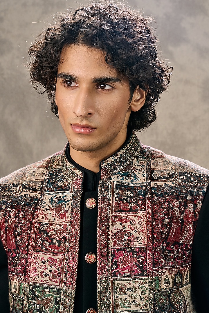 Black Blended Rayon Printed Wedding Indowestern Set by Twamev at Pernia's Pop Up Shop