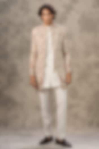 Cream Art Silk Thread Embroidered Wedding Indowestern Set by Twamev at Pernia's Pop Up Shop