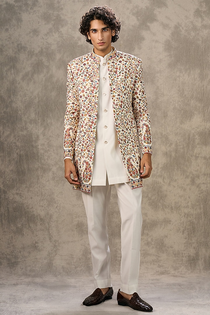 Cream Art Silk Thread Embroidered Wedding Indowestern Set by Twamev at Pernia's Pop Up Shop