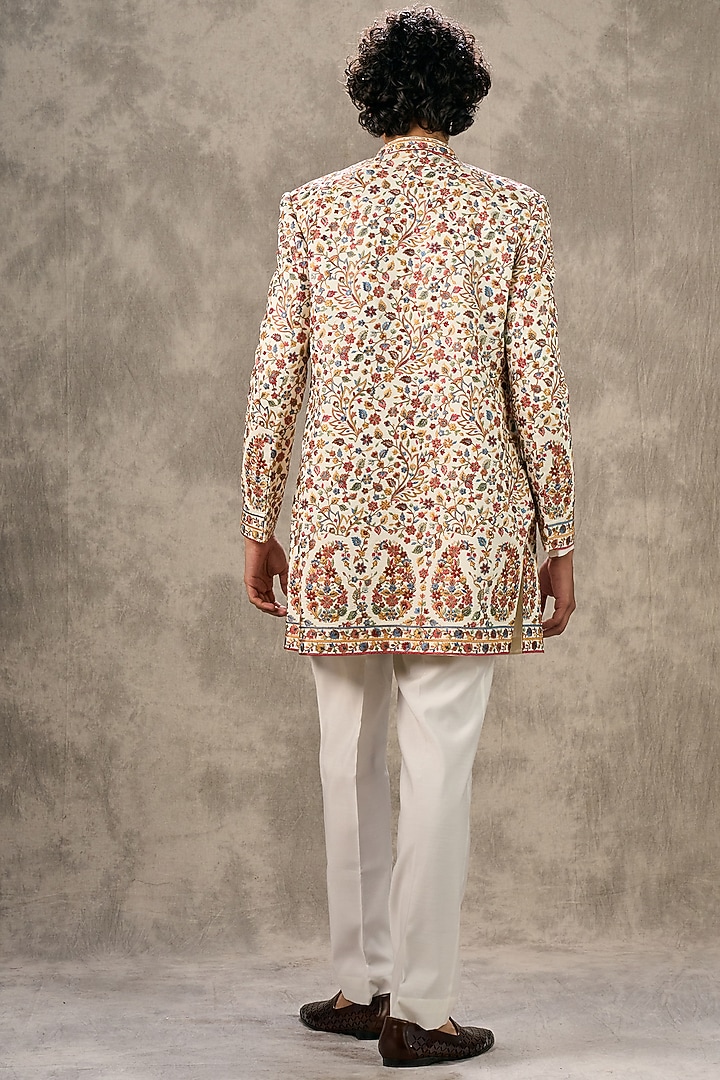 Cream Art Silk Thread Embroidered Wedding Indowestern Set by Twamev at Pernia's Pop Up Shop