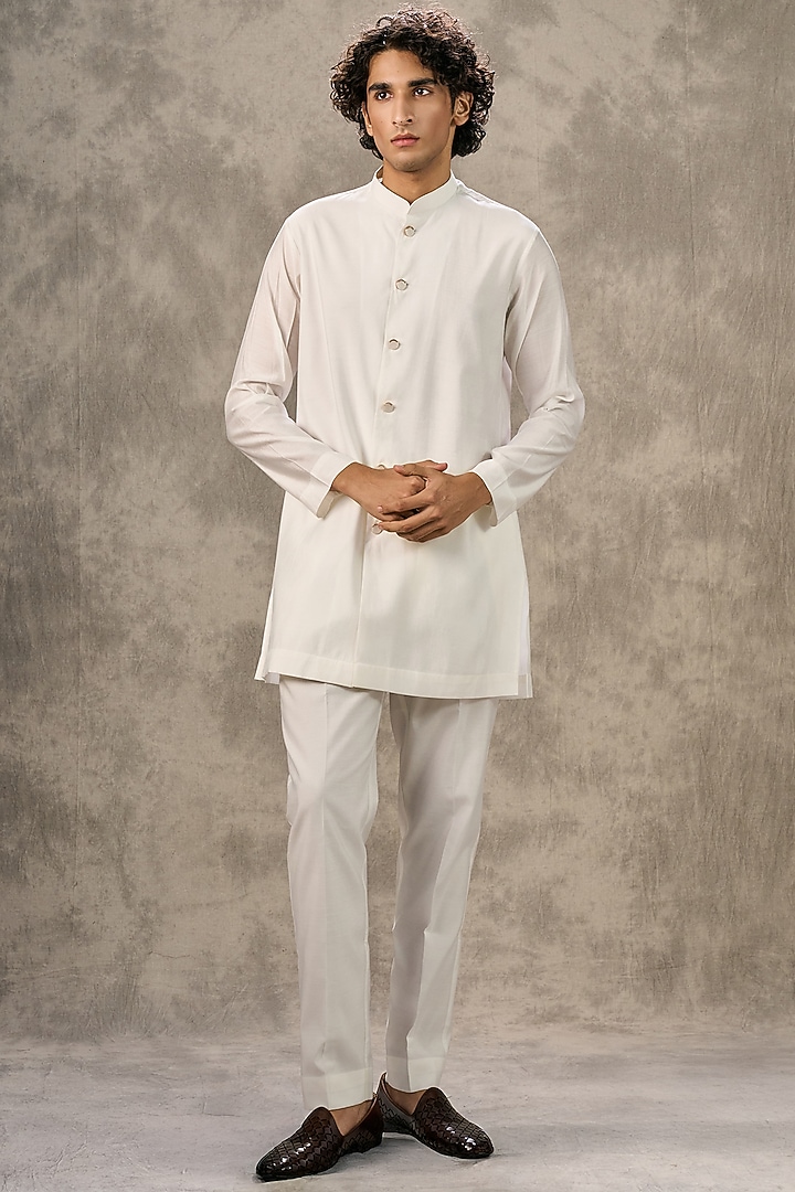Cream Art Silk Thread Embroidered Wedding Indowestern Set by Twamev at Pernia's Pop Up Shop