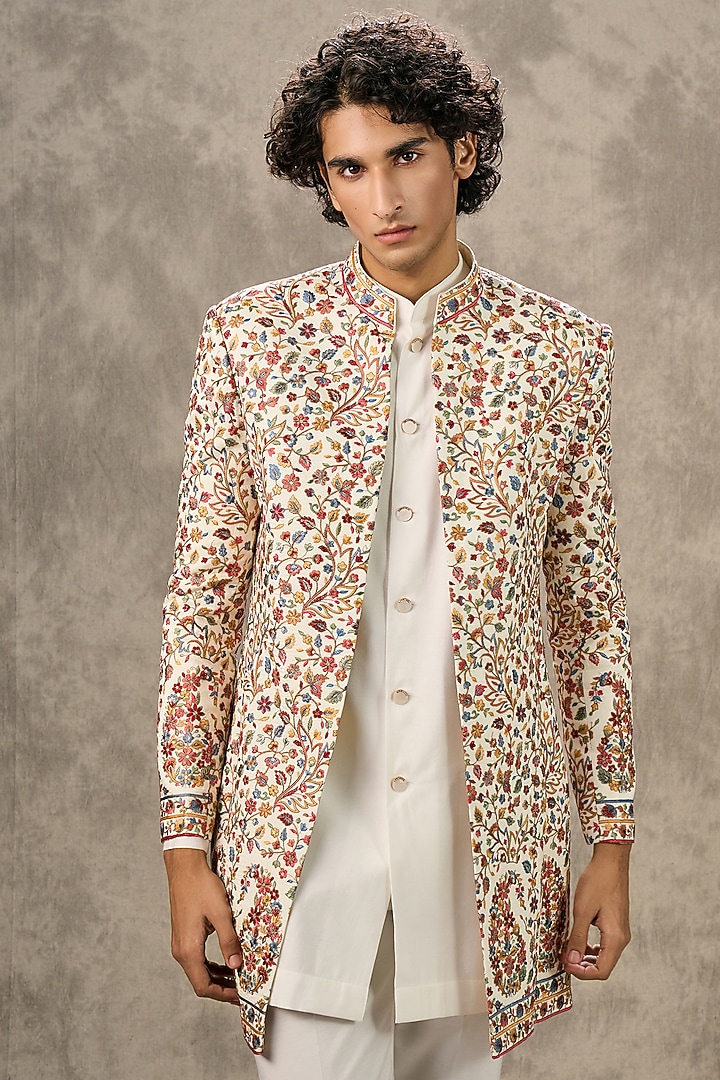 Cream Art Silk Thread Embroidered Wedding Indowestern Set by Twamev at Pernia's Pop Up Shop