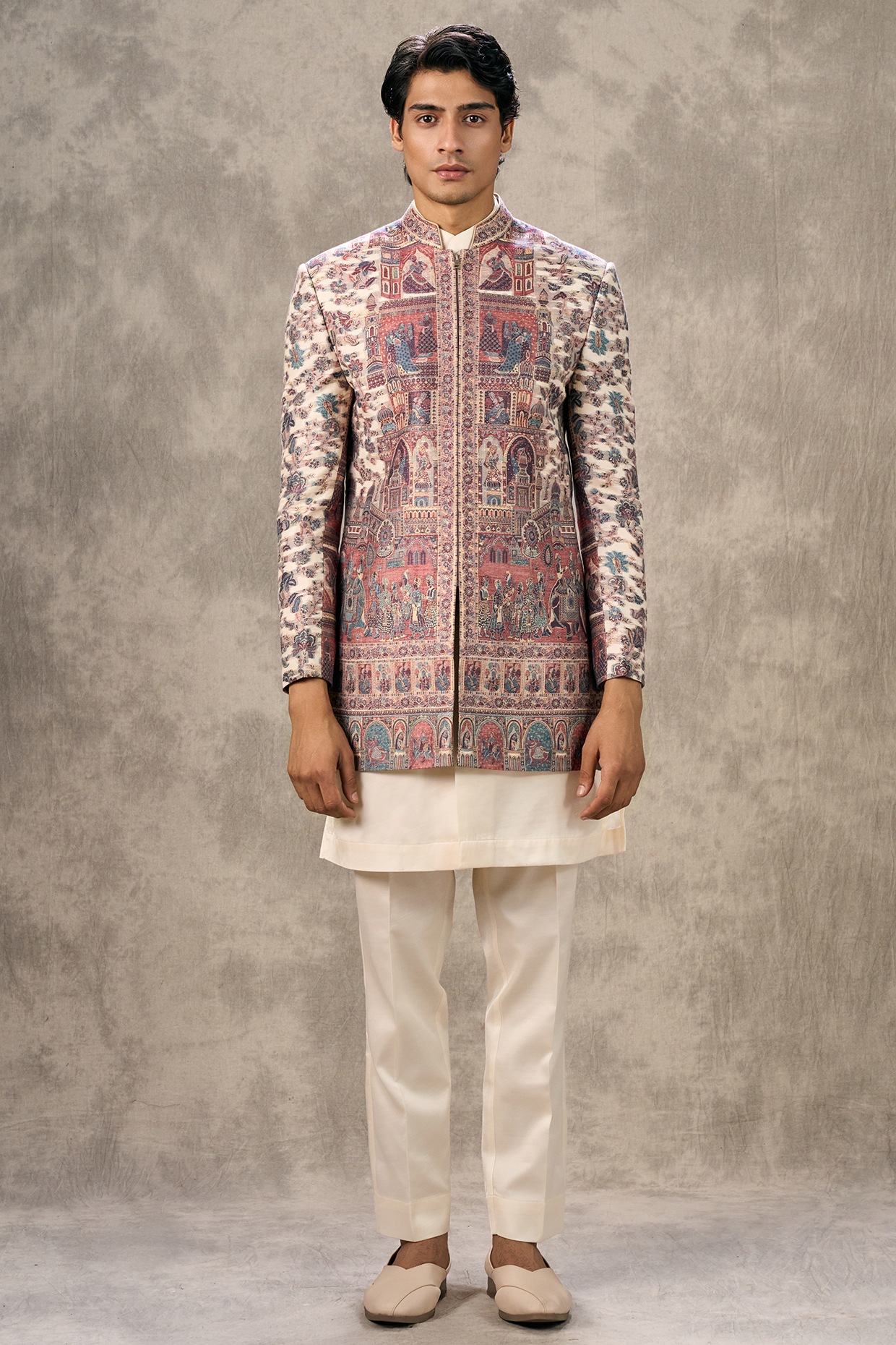 Twamev Cream Art Silk Thread Embroidered Indowestern Set