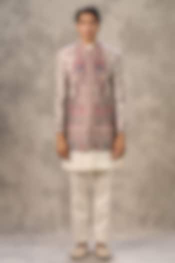 Cream Art Silk Thread Embroidered Wedding Indowestern Set by Twamev at Pernia's Pop Up Shop