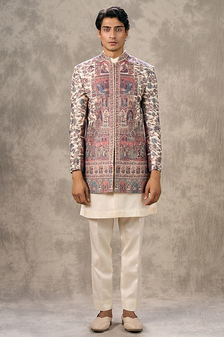 Cream Art Silk Thread Embroidered Wedding Indowestern Set by Twamev at Pernia's Pop Up Shop