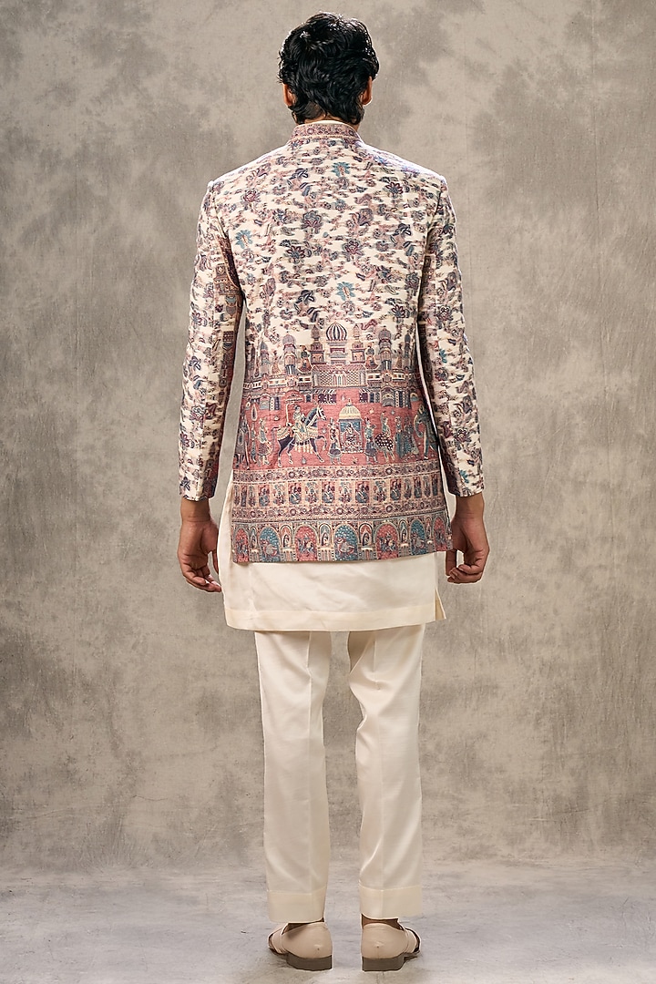 Cream Art Silk Thread Embroidered Wedding Indowestern Set by Twamev at Pernia's Pop Up Shop