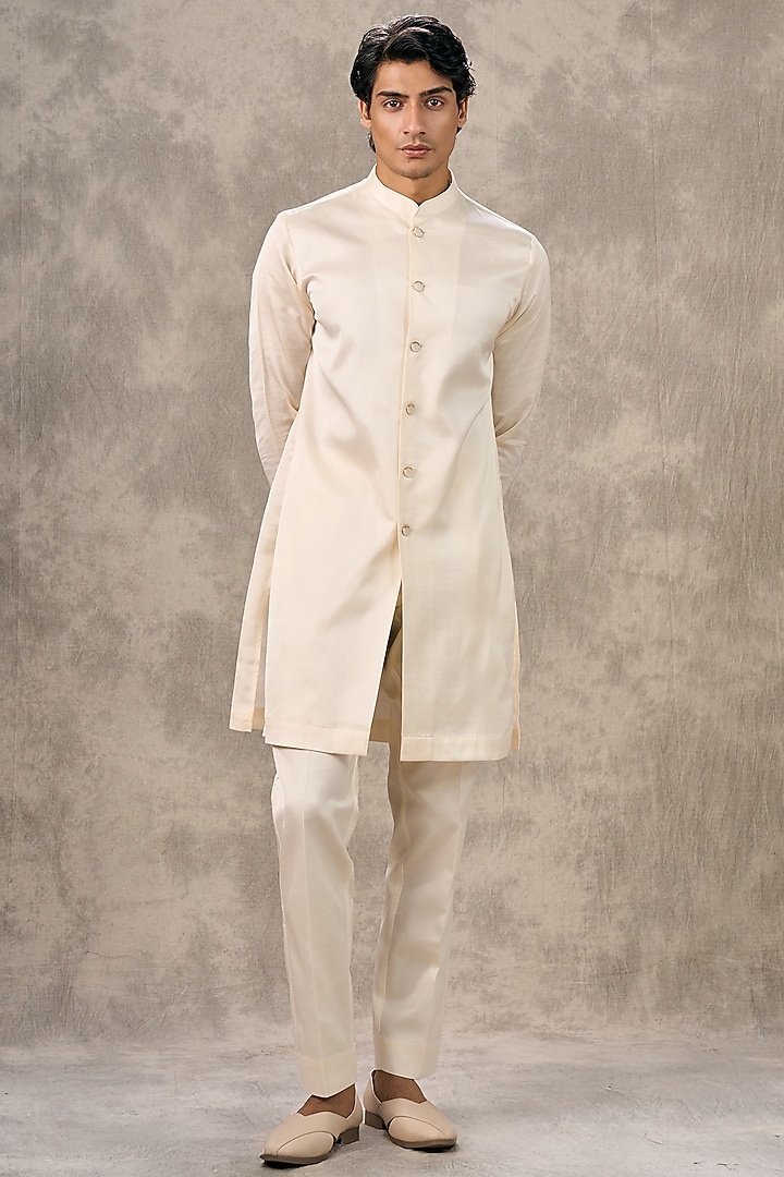 Cream Art Silk Thread Embroidered Wedding Indowestern Set by Twamev at Pernia's Pop Up Shop