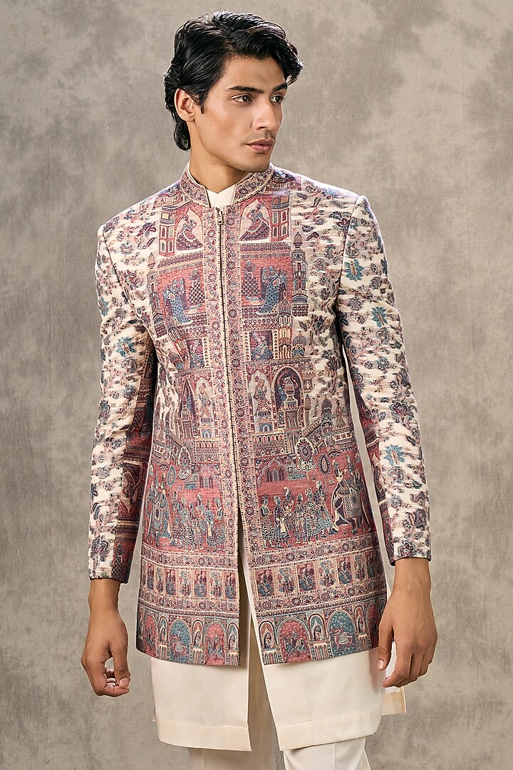 Cream Art Silk Thread Embroidered Wedding Indowestern Set by Twamev at Pernia's Pop Up Shop