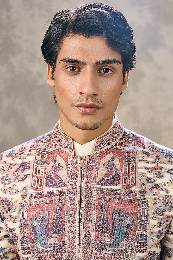 Cream Art Silk Thread Embroidered Wedding Indowestern Set by Twamev at Pernia's Pop Up Shop