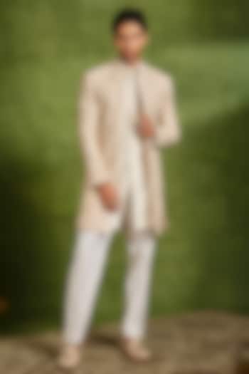 Fawn-Colored Georgette Thread Embroidered Wedding Indowestern Set by Twamev at Pernia's Pop Up Shop