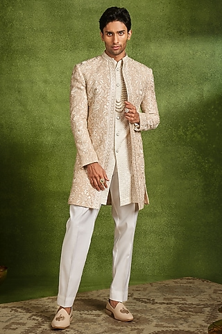 Fawn-Colored Georgette Thread Embroidered Indowestern Set by Twamev