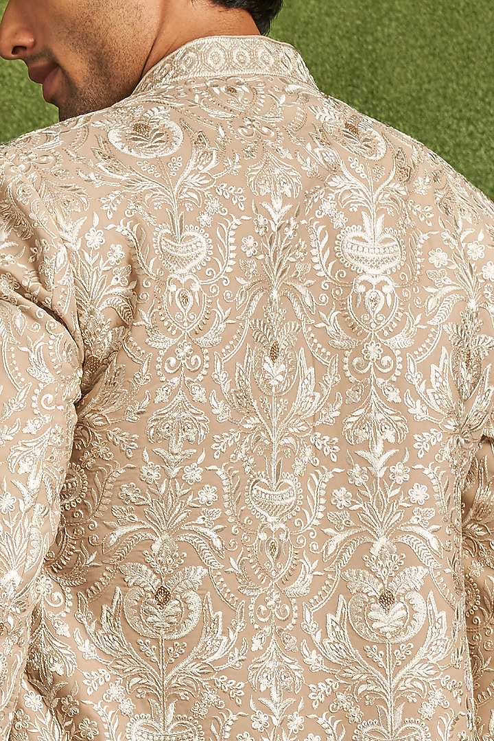 Fawn-Colored Georgette Thread Embroidered Wedding Indowestern Set by Twamev at Pernia's Pop Up Shop