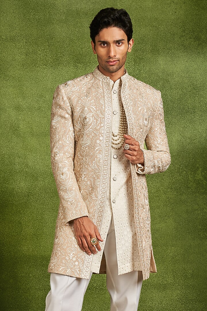 Fawn-Colored Georgette Thread Embroidered Wedding Indowestern Set by Twamev at Pernia's Pop Up Shop