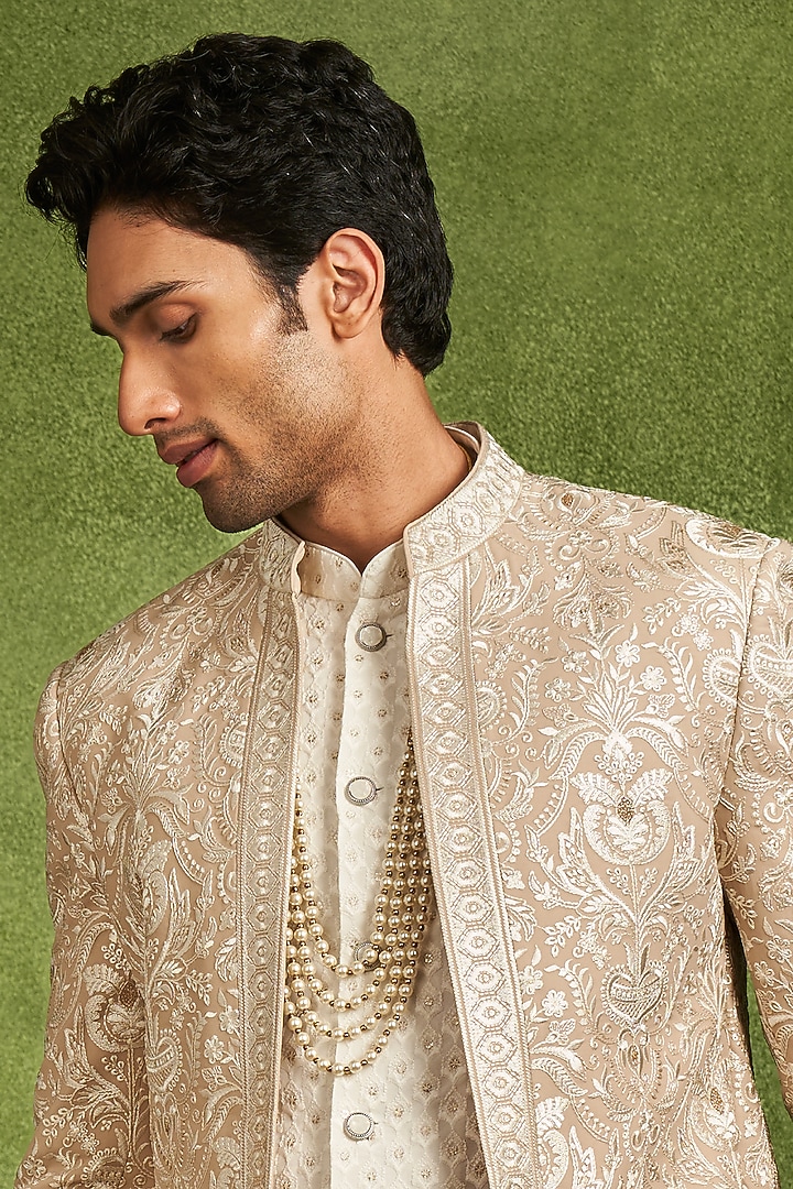Fawn-Colored Georgette Thread Embroidered Wedding Indowestern Set by Twamev at Pernia's Pop Up Shop