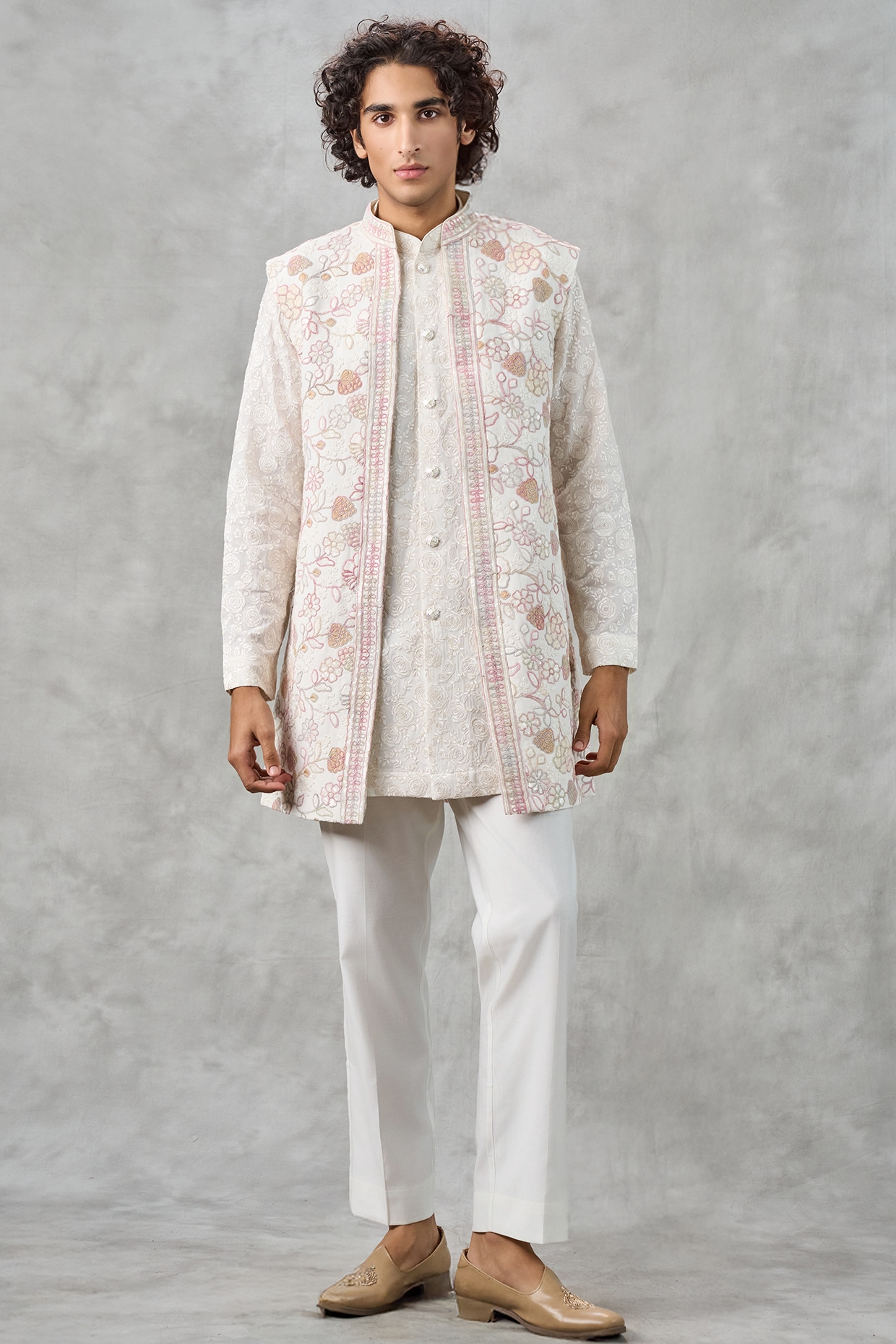 Twamev Beige Blended Viscose Thread Embroidered Jacket Set