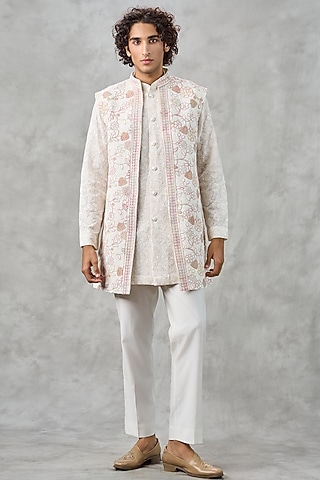 Beige Blended Viscose Thread Embroidered Jacket Set by Twamev