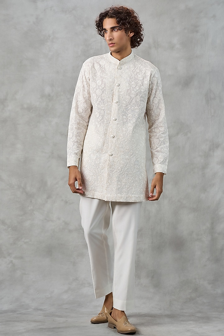 Beige Blended Viscose Thread Embroidered Jacket Set by Twamev at Pernia's Pop Up Shop