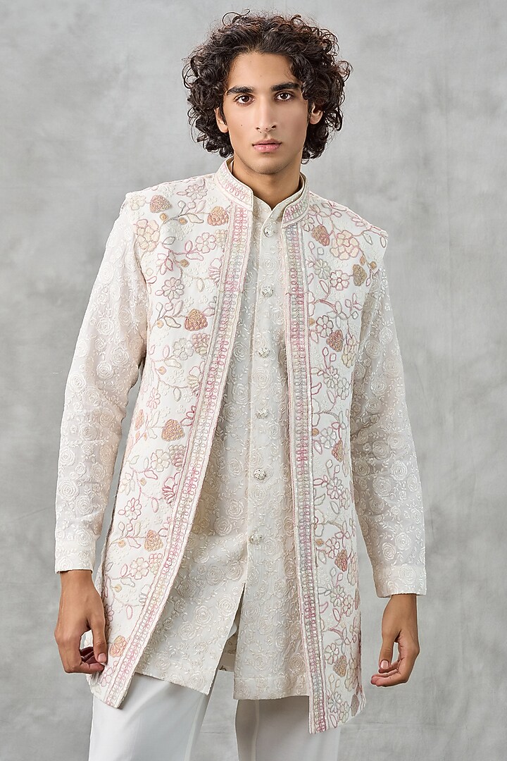 Beige Blended Viscose Thread Embroidered Jacket Set by Twamev at Pernia's Pop Up Shop