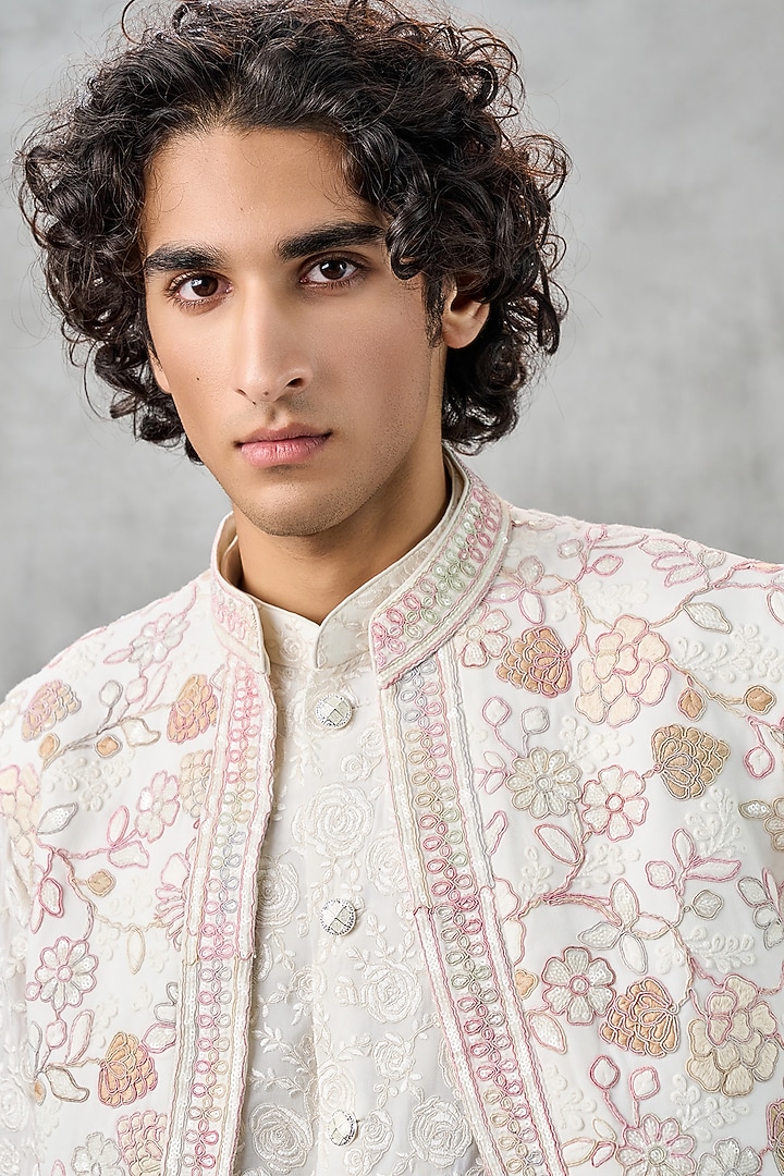 Beige Blended Viscose Thread Embroidered Jacket Set by Twamev at Pernia's Pop Up Shop